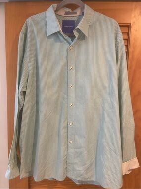 Tommy Bahama Light Green and White Pinstripe Dress Shirt XL TG